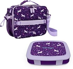 a purple lunch box with unicorns on it and a purple lunch bag next to it