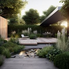 a wooden deck surrounded by plants and water