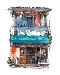 a watercolor painting of a store front