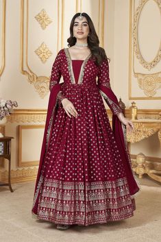 Georgette Anarkali gown dress in red colour 5011Gowns in tradition to unique colors to cater the desire of every one needs.Gown features exquisite metallicfoil print work and intricate embroidery, adding a touch of elegance to your lookDesc:  Style : Ready to wear Long Anarkali gown and dupatta without the bottom Color : Red Fabric : Faux Georgette Work : Metallic Foil print and lace border Size : Free size Bottom:No bottom  Wash Care : Dry clean Sleeve Style : Full Sleeve Long Sleeves : Done only in Custom Stitch Sleeves Lining : Done only in Custom Stitch Bust Size : 32 to 42 Inches Occasion : Festival   Christmas   Diwali   Eid   Ceremonial   Ganesh CharturthiGown style anarkali Flairy anarkali gown Red anarkali wedding anarkaliDon't miss out on the opportunity to dazzle at your ne Long Anarkali Gown, Red Anarkali, Georgette Anarkali, Gown With Dupatta, Wedding Gown Styles, Party Wear Gown, Red Gown, Choli Designs, Red Foil