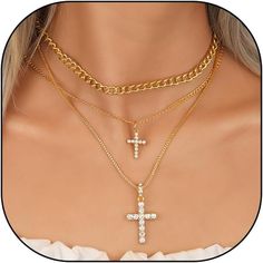 Womens 14K Gold Plated Layered Cross Necklaces Silver Stacked pendant Necklaces  | eBay Layer Cross Necklace, Gold Cross Layered Necklace, Gold Stainless Steel Pendant Cross Necklace, Gold Plated Multi-strand Layered Necklace Gift, Elegant 14k Gold-filled Cross Pendant Necklace, Layered Cross Necklace, Layered Crosses, Gold Plated Silver, Fashion Jewelry Necklaces