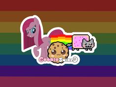 an image of a pinkie pie and cookie monster sticker on a rainbow striped background