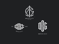 three different logos for some type of clothing and accessories, one with the letter g on it