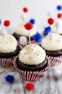 cupcakes decorated with red, white and blue decorations