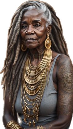 an older woman with dreadlocks and tattoos