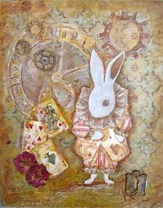 an altered photograph of a rabbit in a dress next to clocks and other items on a table