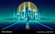 a man riding a skateboard through a futuristic city