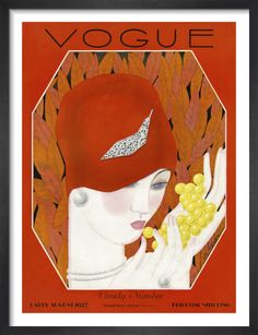 an art deco poster with a woman holding grapes in her hand and the words voge written on it