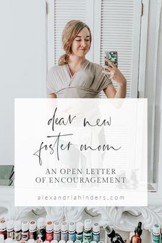 a woman taking a selfie in front of a mirror with the words dear new faster now an open letter of encouragement