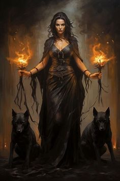 a woman with two dogs holding torches in her hands and standing on the ground, surrounded by flames