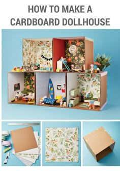 how to make a cardboard dollhouse with pictures and text overlays that reads, how to make a cardboard dollhouse