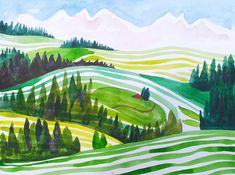 watercolor painting of mountains and trees with hills in the background