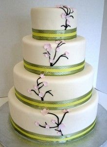 a three tiered cake decorated with flowers and ribbons