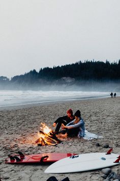 two people sitting next to each other on top of a sandy beach near the ocean