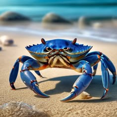 a blue crab is standing on the beach