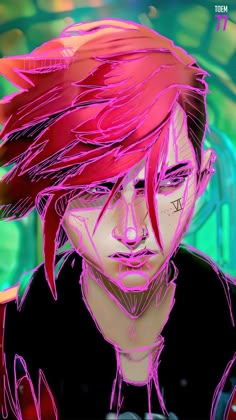 a digital painting of a man with red hair and pink streaks on his face, looking to the side