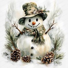 a watercolor painting of a snowman wearing a hat and scarf with pine cones