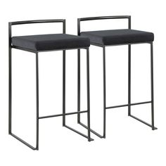 pair of black metal barstools with backrests and seat cushion, side view