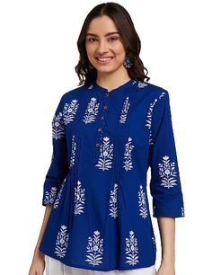 A-Line, waist length kurti Half placket functional button front . Banded collar neck with three quarter sleeve and pin-tuck detailing 100% Cotton Tunic Designs, Kurta Dress, A Line Shorts, Solid Tops, Sheer Fabrics, Amazon Fashion, Indian Dresses, Cotton Shorts