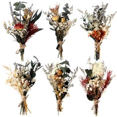 four bouquets of flowers are arranged in different shapes and sizes