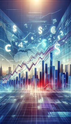 an image of a business graph with numbers and symbols coming out of it in the background