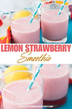 lemon strawberry smoothie in glasses with straws