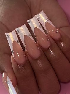 *PLEASE READ* If "Custom" sizing has been chosen, please leave your sizes in the note to seller section before checking out. You can get these nails in any listed shape, any size (extra small, small, medium, large, or custom) and any length (short, medium, long, extra long, and extra extra long). All of my sets are hand-painted! Once you place an order, I begin the creating process (All sets are made to order, not pre-made). It takes between 1-10 business days to make your set depending on what French Tip With Pearls Coffin, Nails That Are Trending, Beautiful French Tip Nails, Diamonte Nail Designs, White French Tip Nails With Gems, Pearl Tip Acrylic Nails, French Tip Acrylic Nails Bling, Champagne French Tip Nails, Sparkly White French Tip Nails