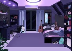 a bedroom with purple walls and flooring has guitars on the bed in front of it