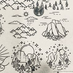 a drawing with mountains and stars on it