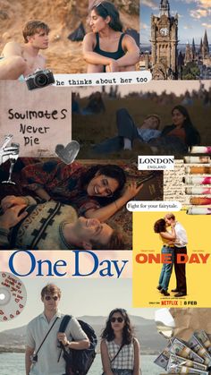 the collage has many different pictures and words on it, including one day in london