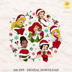 disney princesses with santa hats and snowflakes