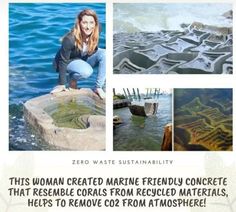 a woman kneeling down on top of a rock next to some water and other pictures