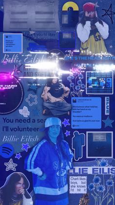 a collage of photos and text on a blue background, with images of people