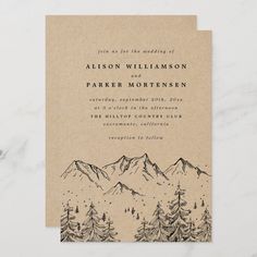 an image of a wedding card with mountains and pine trees on the front, in black ink