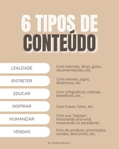 a poster with the words 6 tips de conteudo in spanish and english