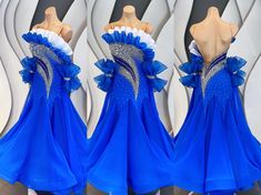 three mannequins dressed in blue dresses with silver sequins on them