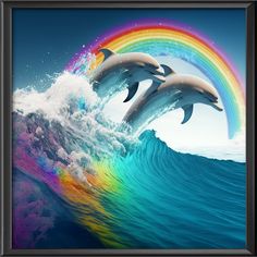 two dolphins are jumping out of the water with a rainbow in the sky behind them