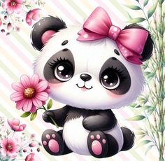 a panda bear holding a pink flower on top of it's head and wearing a pink bow