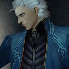 an animated image of a man with white hair wearing a blue jacket and black shirt