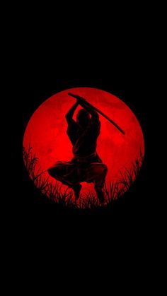 the silhouette of a person holding a baseball bat in front of a red moon with grass