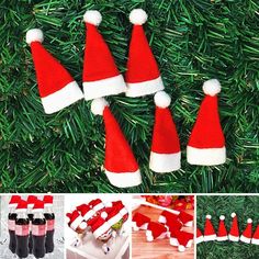 several pictures of santa hats hanging on a christmas tree with other photos and instructions to make them look like they have been put together