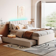 a bedroom with a bed, rug and window