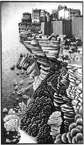 an illustration of the cliffs and cliffs in front of some buildings, with boats floating on