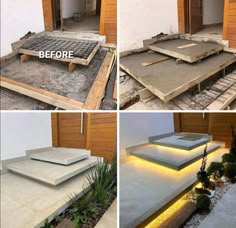 before and after pictures of an outdoor patio being built with concrete, plants and lights