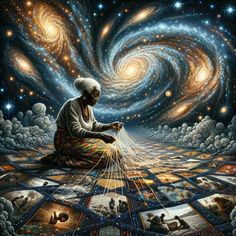 an image of a person sitting on the ground surrounded by pictures and stars in the sky