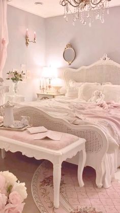 a white bed sitting in a bedroom next to a table with flowers on top of it