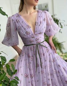 Lavender Romance Dress | Teuta Matoshi Tulle Dress Prom, Prom Dress Tulle, Midi Prom Dress, Teuta Matoshi, Princess Bridesmaid Dress, Printed Flowers, Wedding Dress Bridesmaid, Special Occasion Gowns, Lavender Dresses