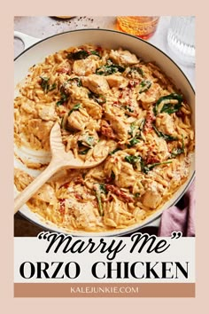 the cover of mary me's orzo chicken casserole is shown with a wooden spoon in it