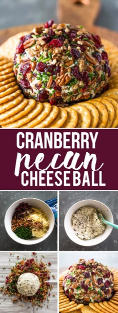 cranberry pecan cheese ball with crackers and other toppings