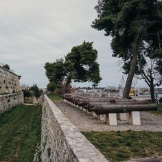 there are many pipes lined up on the side of this wall in front of some trees